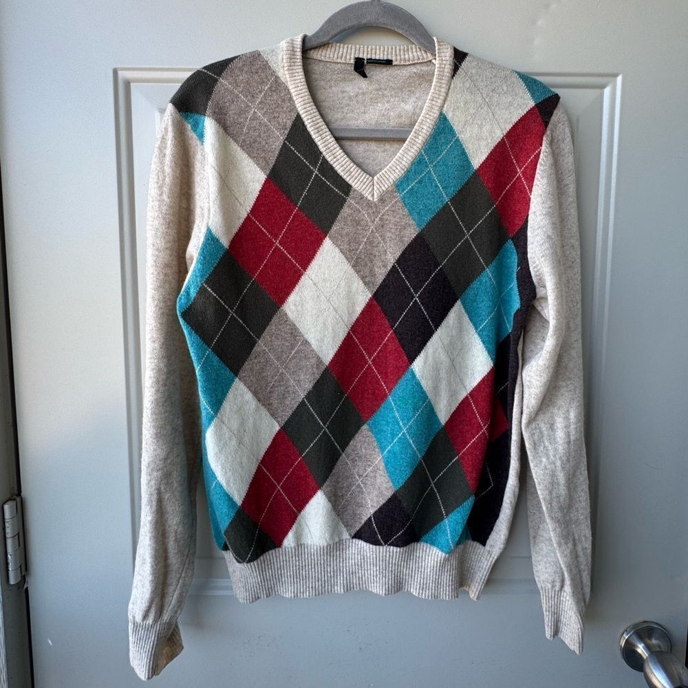 Benetton‎ Argyle Long Sleeve V-Neck Pullover Sweater Small Preppy Academia